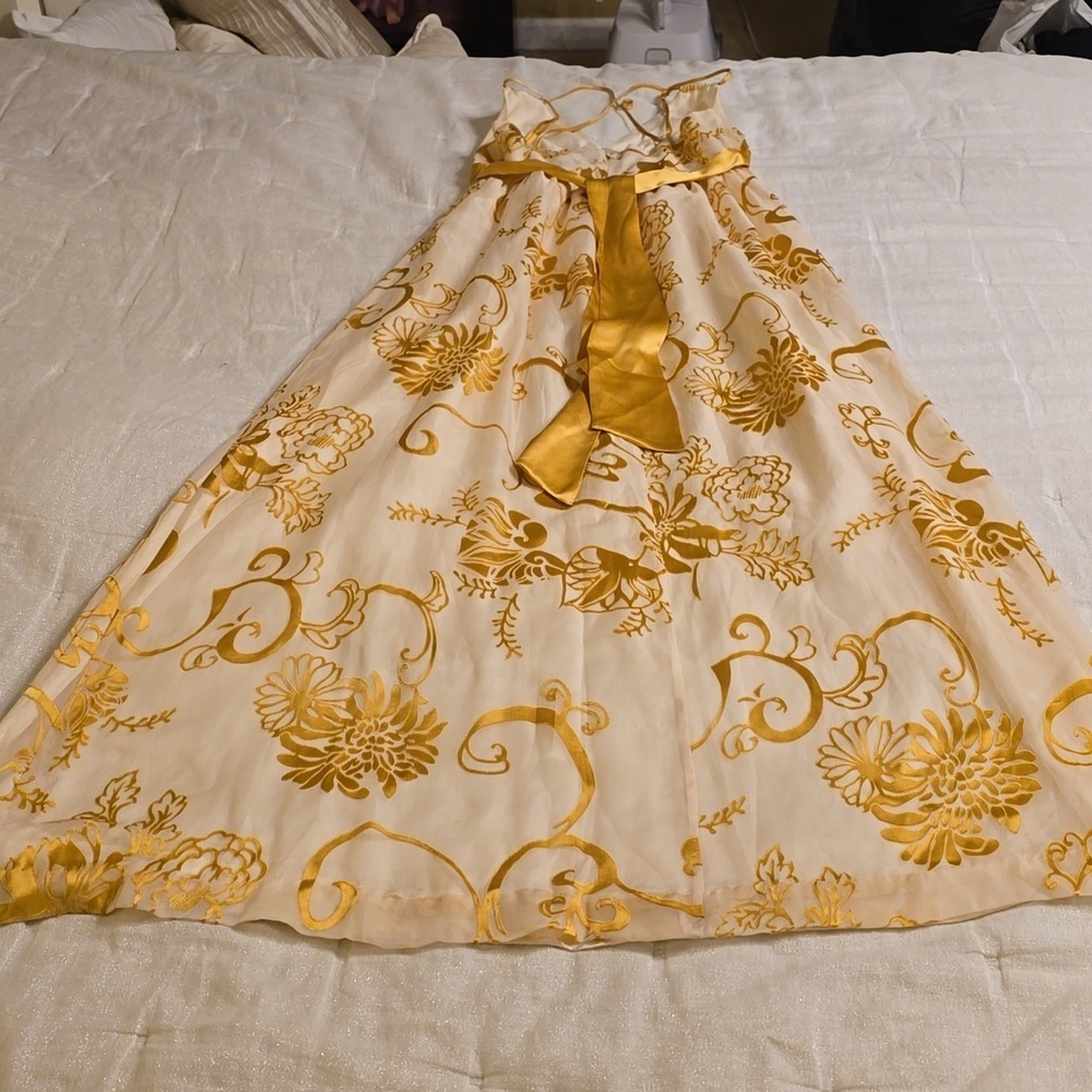 Arden B Silk Gold Floral Maxi Dress. Formal.